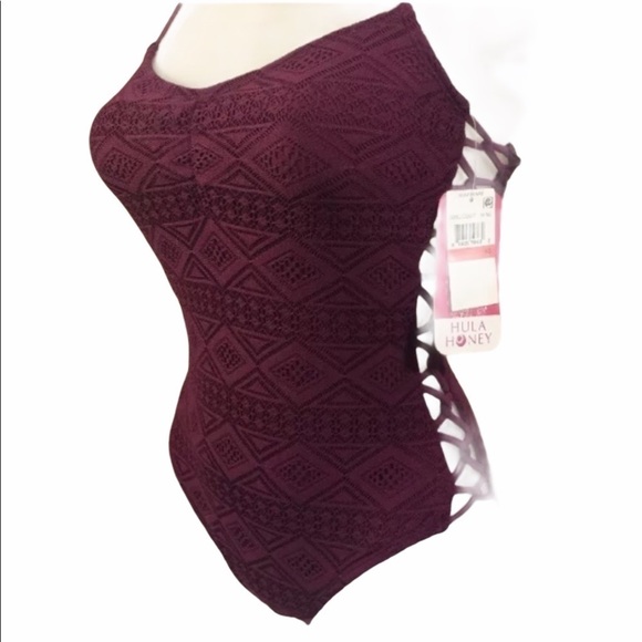 Hula Honey Wine Crochet Lace Up One Piece Swimsuit - Picture 1 of 9